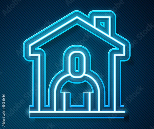 Glowing neon line Shelter for homeless icon isolated on blue background. Emergency housing, temporary residence for people, bums and beggars without home. Vector