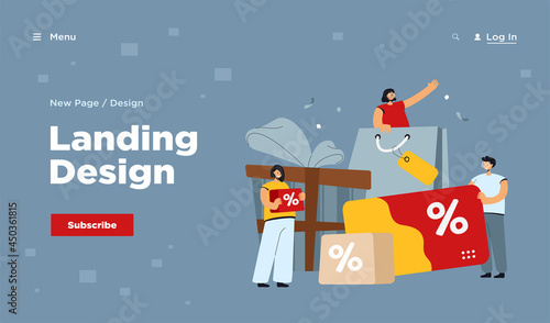 Tiny people shopping during store loyalty program isolated flat vector illustration. Cartoon characters buying products and getting gifts in bonus program. Promotion and shop reward concept