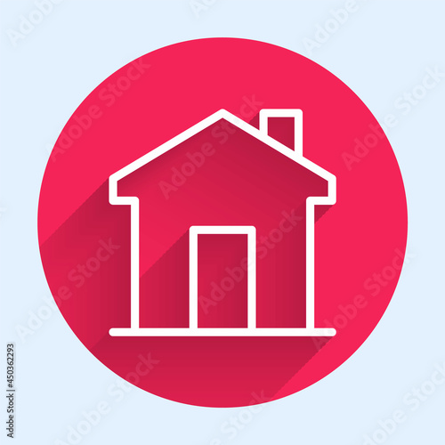 White line House icon isolated with long shadow background. Real estate agency or cottage town elite class. Red circle button. Vector