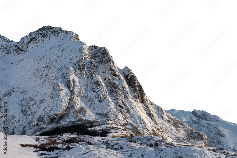 Rock mountain with snow covered in winter on white background