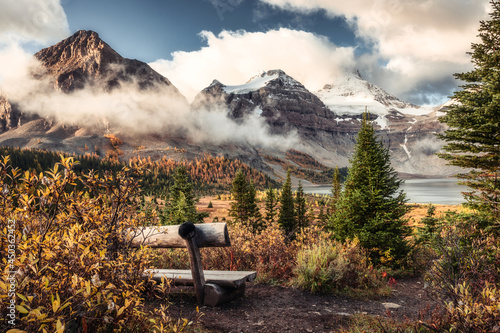 Mount Assiniboine on Lake Magog and wooden chair in autumn forest at provincial park