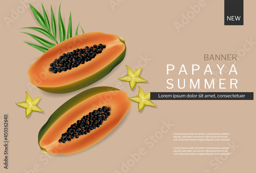 Papaya summer banner vector realistic. Tropic fruits template backgrounds
