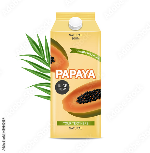 Papaya juice drink vector realistic. Product placement package fresh natural ...