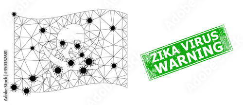 Mesh polygonal waving pirate flag with outbreak particles and scratched Zika Virus Warning rectangle seal. Model is designed on windy pirate flag with black infection particles.