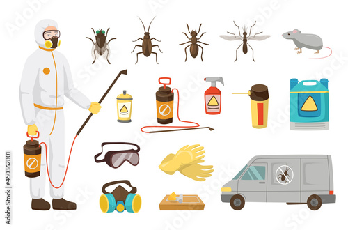 Pest control service worker for kids vector illustrations set. Man with fumigation equipment, instruments, truck, poison, pest prevention isolated on white background. Disinfection, profession concept