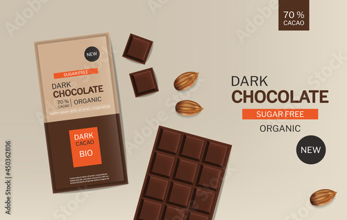 Dark chocolate bar vector realistic. Product placement design package mock up...