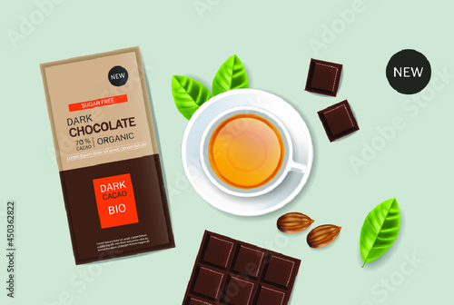 Dark chocolate and tea vector realistic. Product placement design package moc...