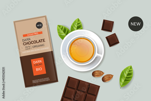 Dark chocolate and tea vector realistic. Product placement design package moc...