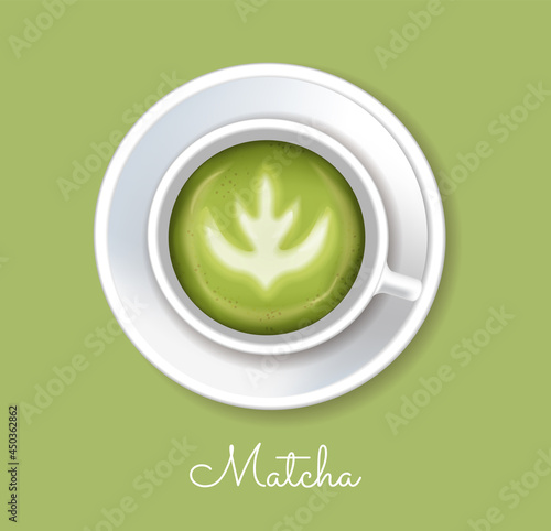 Matcha green tea powder vector realistic. Product placement mock up healthy d...