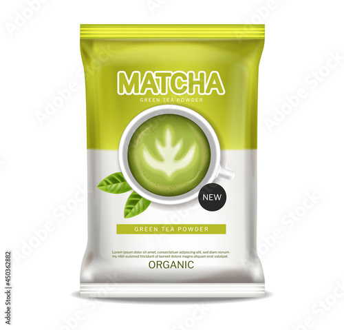 Matcha green tea powder vector realistic. Product placement mock up healthy d...