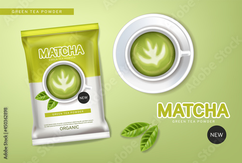 Matcha green tea powder vector realistic. Product placement mock up healthy d...