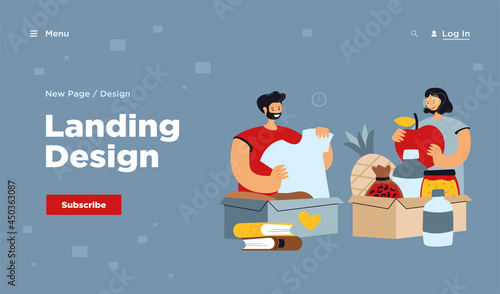 People donating clothes, books and food. Volunteers packing box for donation. Vector illustration for teamwork, charity container, humanitarian help concept