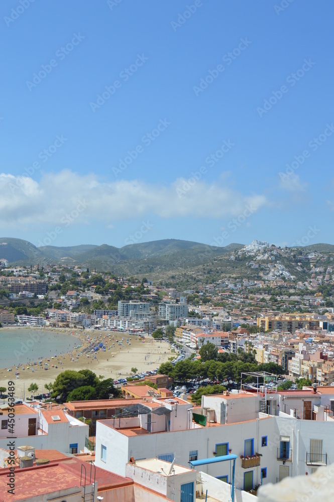 Peñiscola town landscape view, it's south beach coastline and mountains
