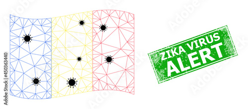 Mesh polygonal waving Romania flag designed using virus items and scratched Zika Virus Alert rectangle stamp. Abstraction is based on waving Romania flag with black virus items.