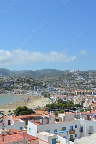 Peñiscola town landscape view, it's south beach coastline and mountains
