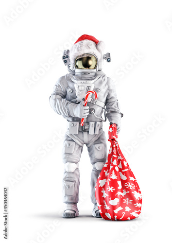 Christmas Santa astronaut - 3D illustration of space suit wearing male figure holding candy cane and bag of presents isolated on white studio background