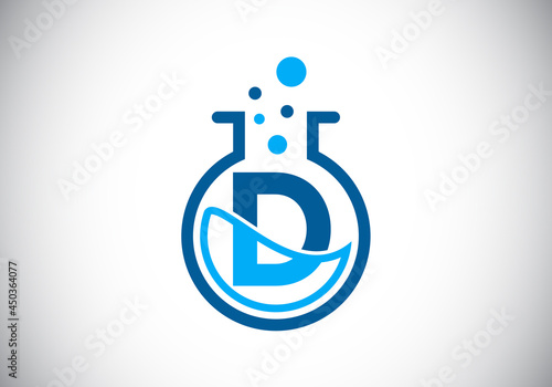 Initial D monogram alphabet with lab glass, chemical liquid, and bubbles. Lab logo. Logo for science, and technology business and company identity