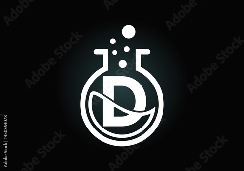 Initial D monogram alphabet with lab glass, chemical liquid, and bubbles. Lab logo. Logo for science, and technology business and company identity