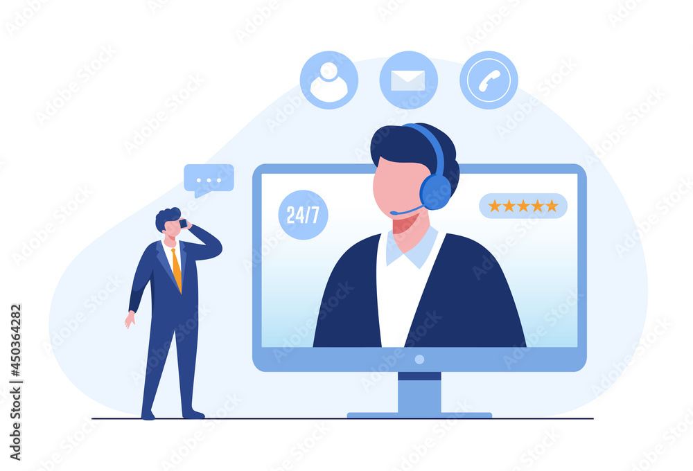 call center and technical support for customer, online consultation, flat illustration vector - obrazy, fototapety, plakaty 