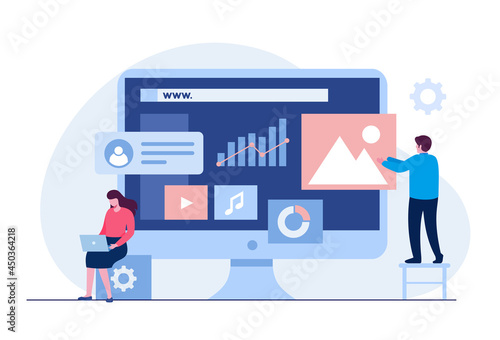 Web design, ui ux and programmer with computer, software developer, flat illustration vector