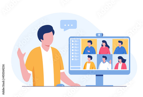 online meeting with computer, video conference, teamwork concept flat illustration vector