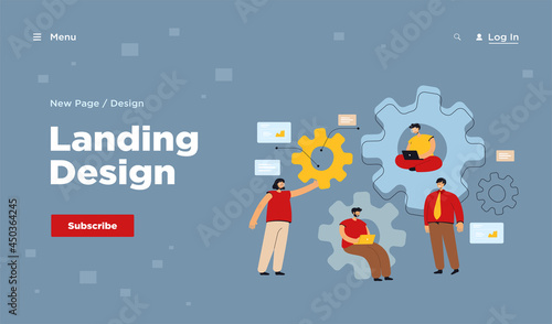 Team of engineers working on mechanism together, using laptop, talking, sitting in gears, writing codes. Vector illustration for teamwork, engineering, technology concept