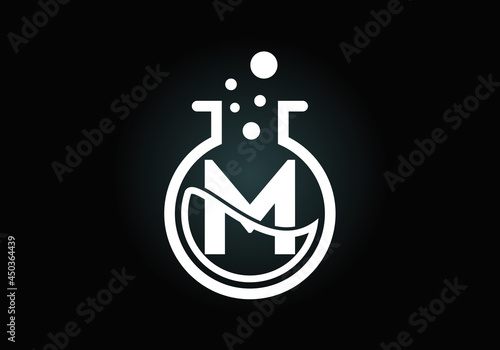 Initial M monogram alphabet with lab glass, chemical liquid, and bubbles. Lab logo. Logo for science, and technology business and company identity