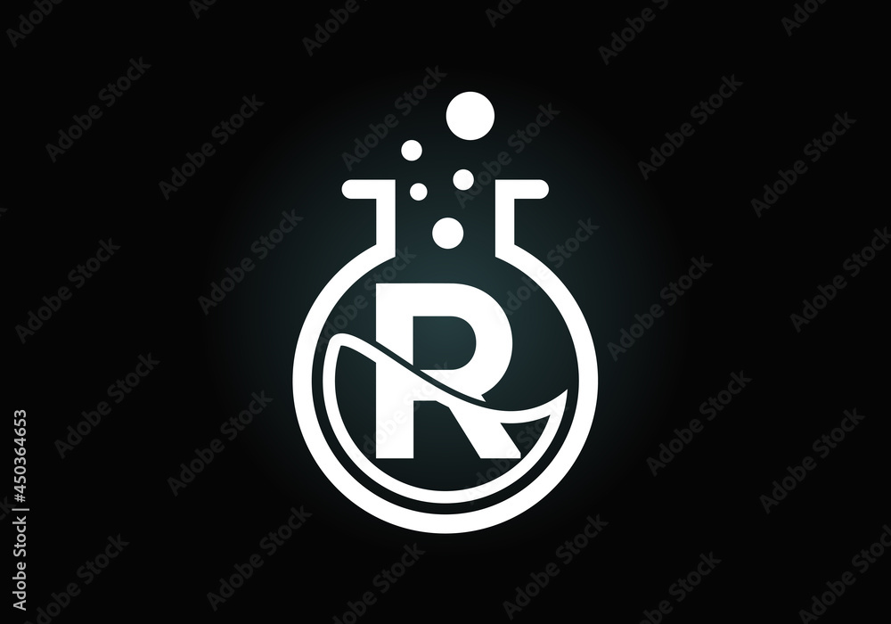 Initial R monogram alphabet with lab glass, chemical liquid, and bubbles. Lab logo. Logo for science, and technology business and company identity Initial R monogram alphabet with lab glass, chemical liquid, and bubbles. Lab logo. Logo for science, and technology business and company identity