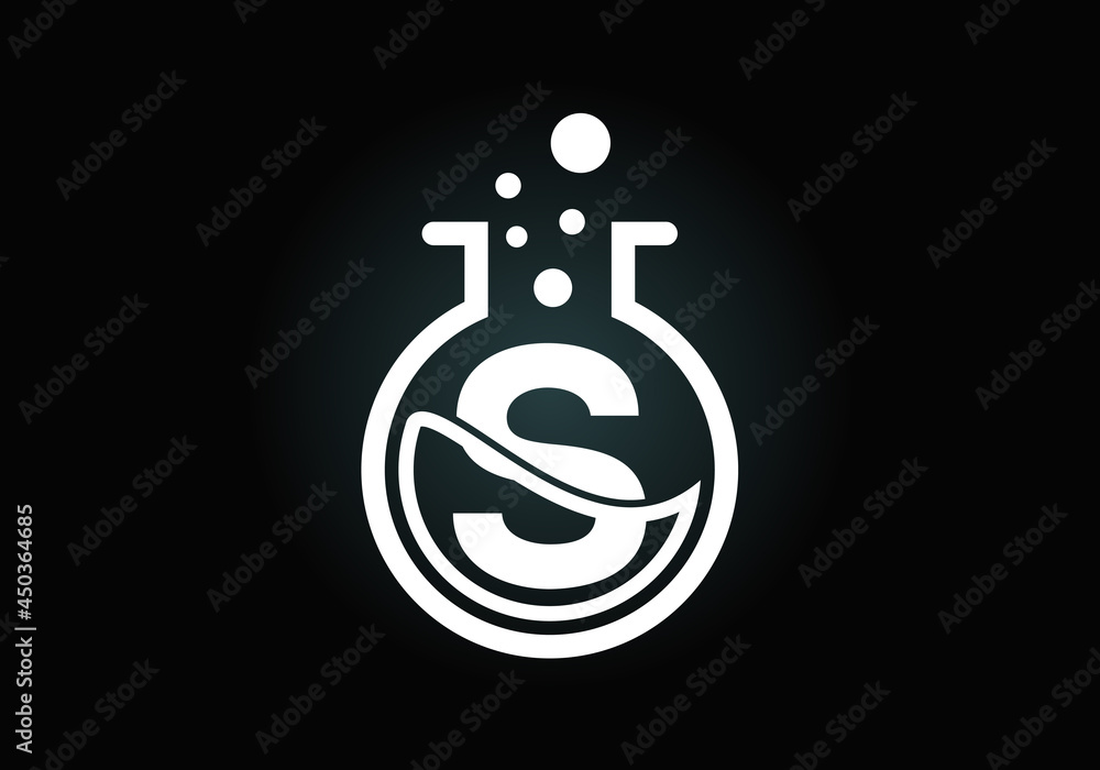 Initial S monogram alphabet with lab glass, chemical liquid, and bubbles. Lab logo. Logo for science, and technology business and company identity Initial S monogram alphabet with lab glass, chemical liquid, and bubbles. Lab logo. Logo for science, and technology business and company identity