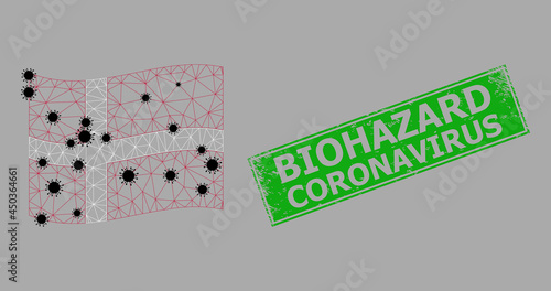 Mesh polygonal waving Denmark flag with outbreak particles and scratched Biohazard Coronavirus rectangle seal. Abstraction is designed on windy Denmark flag with black virus particles.