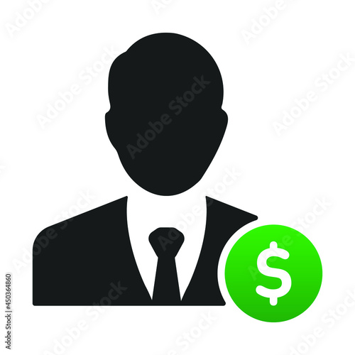 Sponsor vector icon. Isolated man silhouette with money sign. Investor profile mark design.