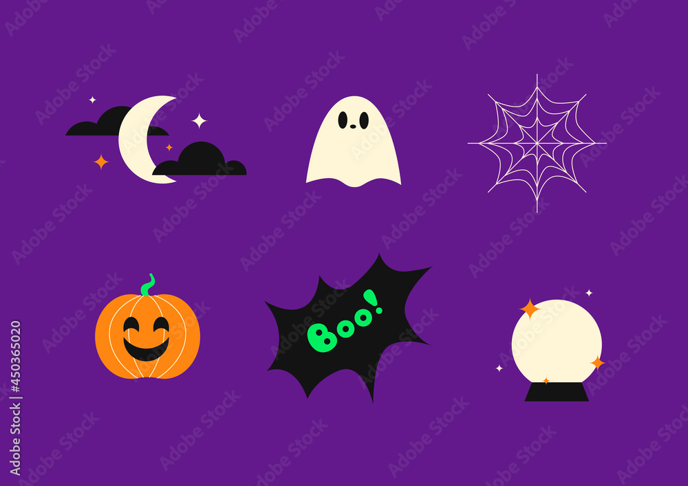 Halloween icons set. Halloween celebration, 31 October. Moon and stars, magic ball, cobweb, ghost, pumpkin. Vector illustration. 