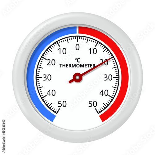 Round thermometer on white background. Temperature from minus 50 to plus 50 degrees Celsius. Vector illustration.