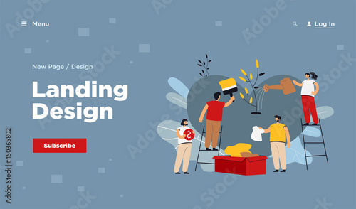 Stylized volunteer team giving care and sharing hope isolated flat vector illustration. Cartoon group of characters helping poor people with social support and money. Charity and donation concept