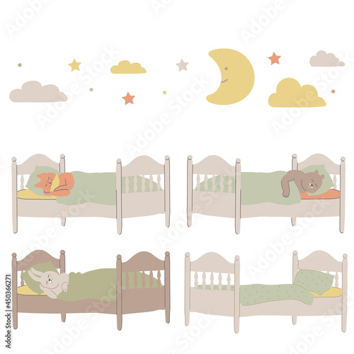 Cute baby hare, bear and fox are sleeping in their bed. Set with characters in flat style.