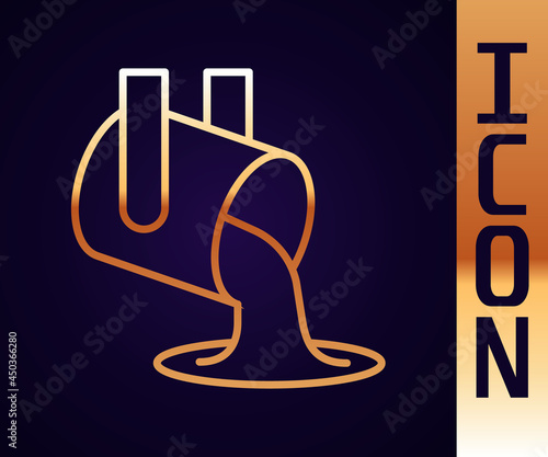 Gold line Molten gold being poured icon isolated on black background. Molten metal poured from ladle. Vector