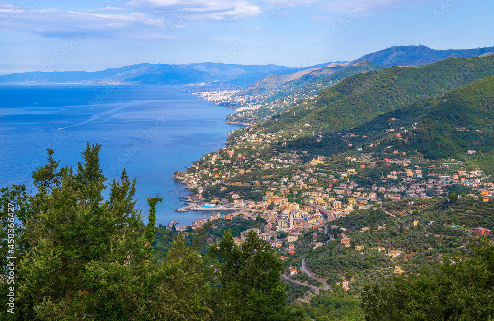 Aerial view of the Ligurian coast over Recco and towards Genoa, Italy.