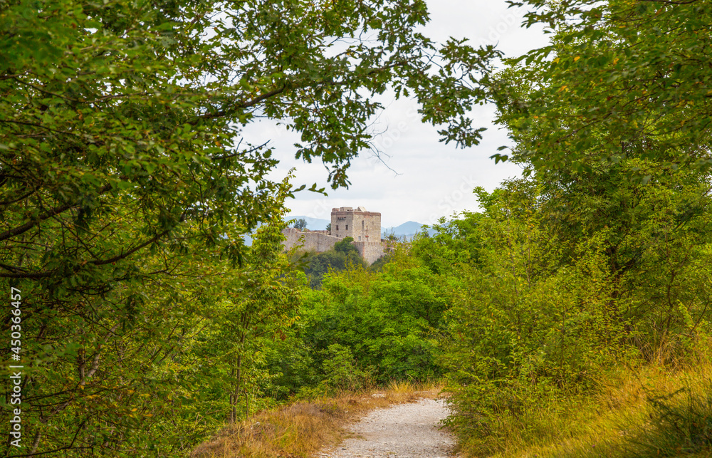 View of Fort Puin in the city of Genoa, Mura park trail (Parco delle Mura), Genoa, Italy.