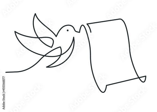 Continuous line drawing of bird carrying a scroll. Bird flying with scroll. Vector illustration