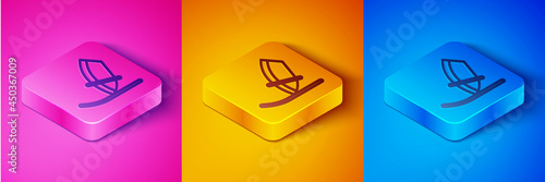 Isometric line Windsurfing icon isolated on pink and orange, blue background. Square button. Vector