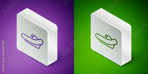 Isometric line Rafting boat icon isolated on purple and green background. Inflatable boat with paddles. Water sports, extreme sports, holiday, vacation. Silver square button. Vector