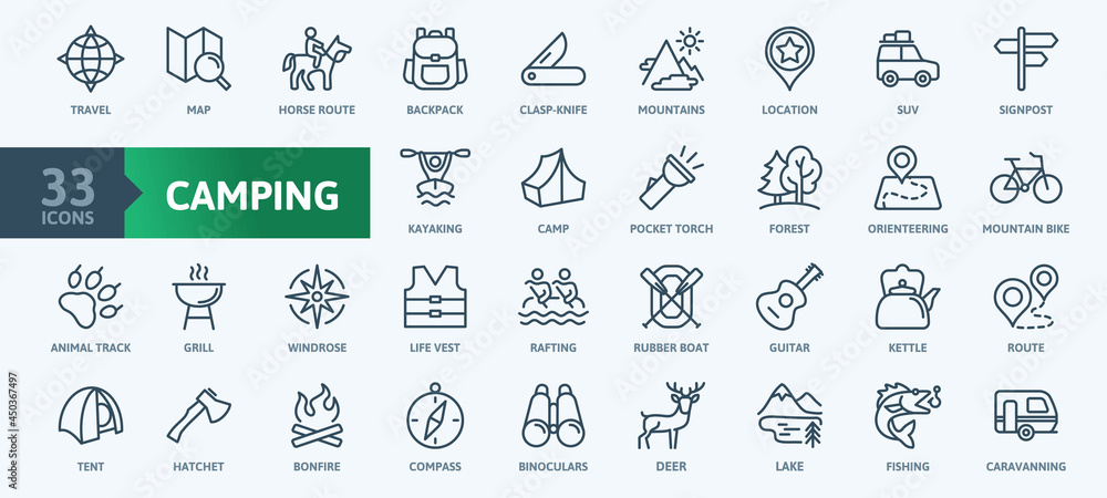 Domestic tourism, local tour, camping -  thin line web icon set. Outline icons collection. Simple vector illustration. - obrazy, fototapety, plakaty 