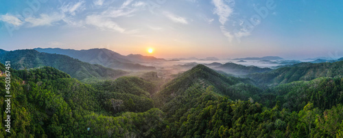 Panorama Nature Landscape Sunset or sunrise Over mountain and misty. Nature and travel concept. © BUDDEE