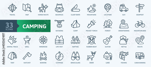 Domestic tourism, local tour, camping -  thin line web icon set. Outline icons collection. Simple vector illustration. photo