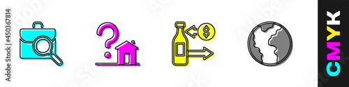 Set Work search, House with question mark, Reception of glass bottles and Global economic crisis icon. Vector