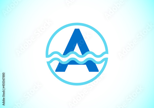 Initial A monogram alphabet in a circle with water waves. Water wave logo design. Logo for the ocean, sea-related business, and company identity