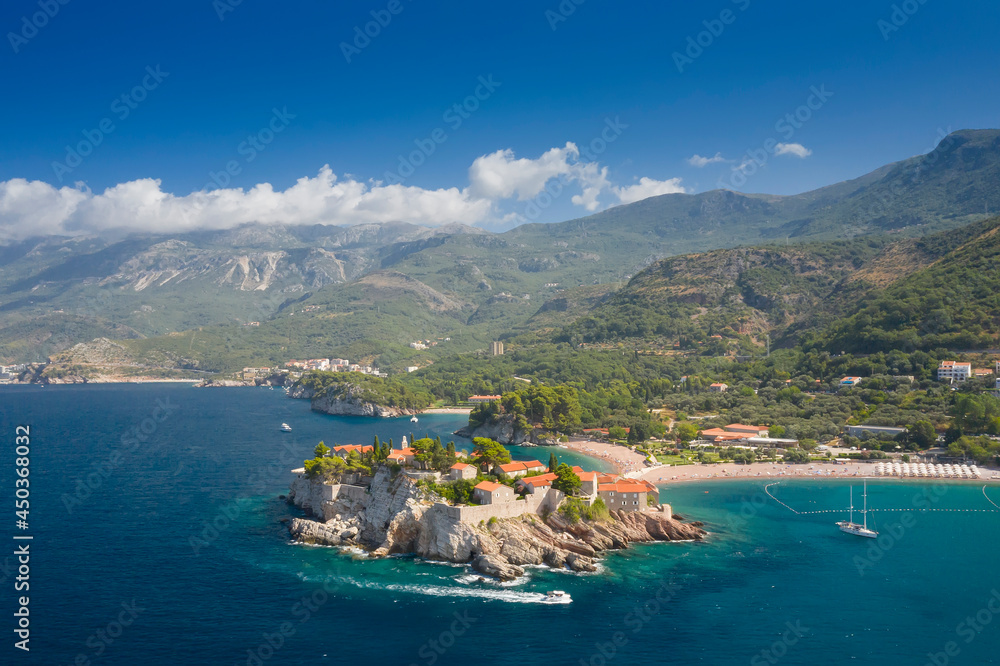 Aerial view at Sveti Stefan islet in Montenegro