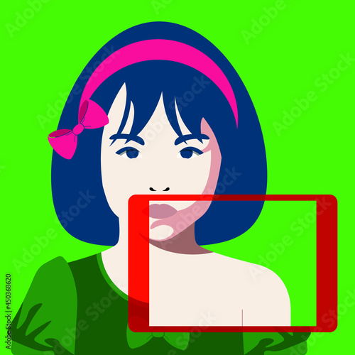 violence against children - exploitation  - child and tablet on green background 