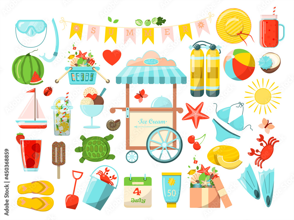 A Big vector summer set. Accessories for beach holidays by the sea. Flat design Illustration for ads, web, flyers, and banners. Set of cartoon icons. Summer fruits, food, transport and clother. A Big vector summer set. Accessories for beach holidays by the sea. Flat design Illustration for ads, web, flyers, and banners. Set of cartoon icons. Summer fruits, food, transport and clother.