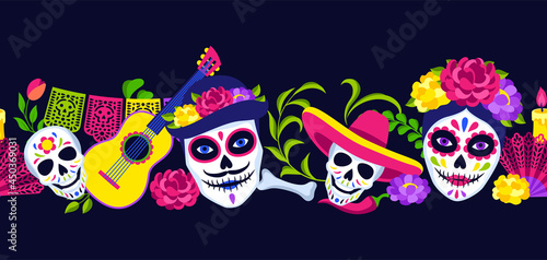 Day of the Dead seamless pattern. Dia de los muertos. Mexican celebration.